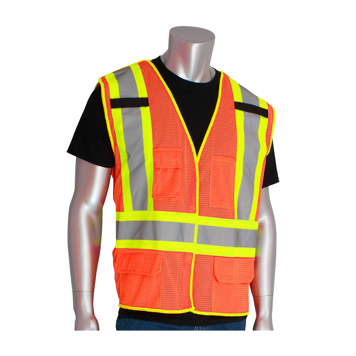 PIP 302-0212 Two-Tone Five Pocket Breakaway Mesh Vest, orange, front