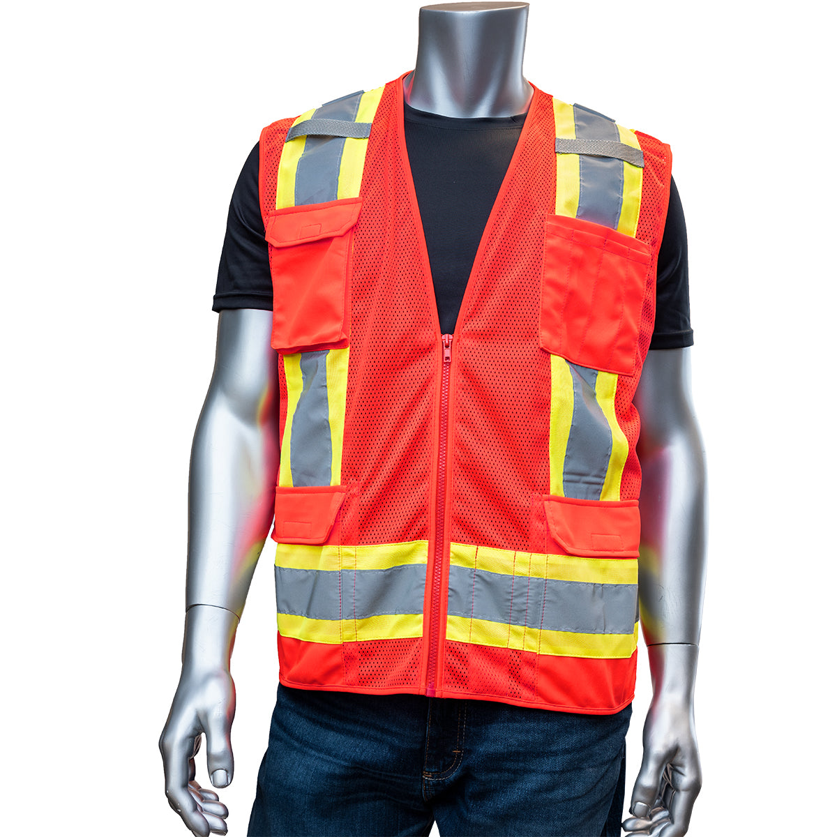 PIP 302-0500M Two-Tone Eleven Pocket Mesh Surveyors Vest, red, front