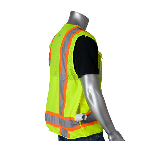 PIP 302-0700 Two-Tone Ten Pocket Surveyors Tech Vest, lime, back