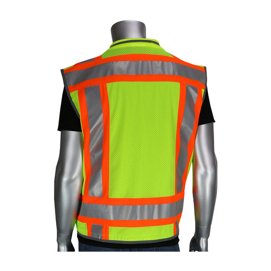PIP 302-0900 Two-Tone Fifteen Pocket Tech-Ready Ripstop Surveyors Vest with Mesh Back, lime, back