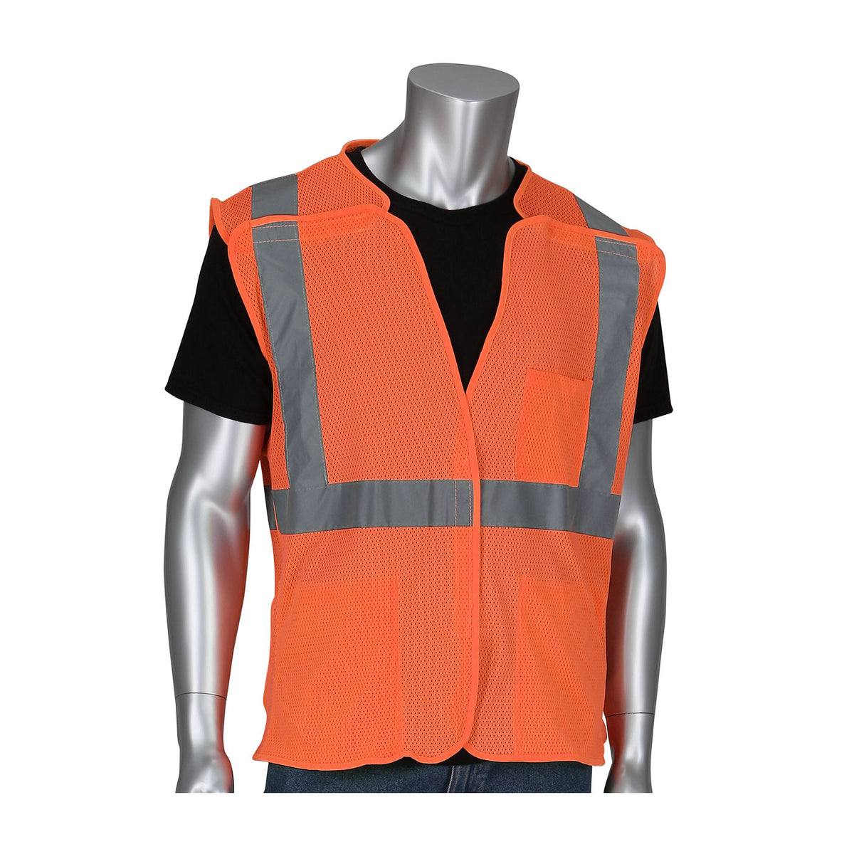 PIP 302-5PMV Three Pocket Mesh Breakaway Vest, orange, front