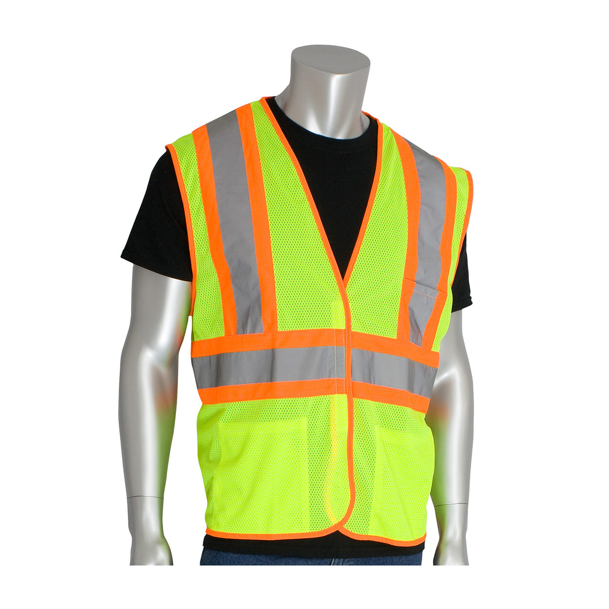 PIP 302-MVAT Class 2 Two-Tone 3-Pocket Mesh Vest, Lime, front