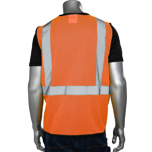 PIP 302-V173B Three Pocket Mesh Vest with Black Bottom Front, orange, back