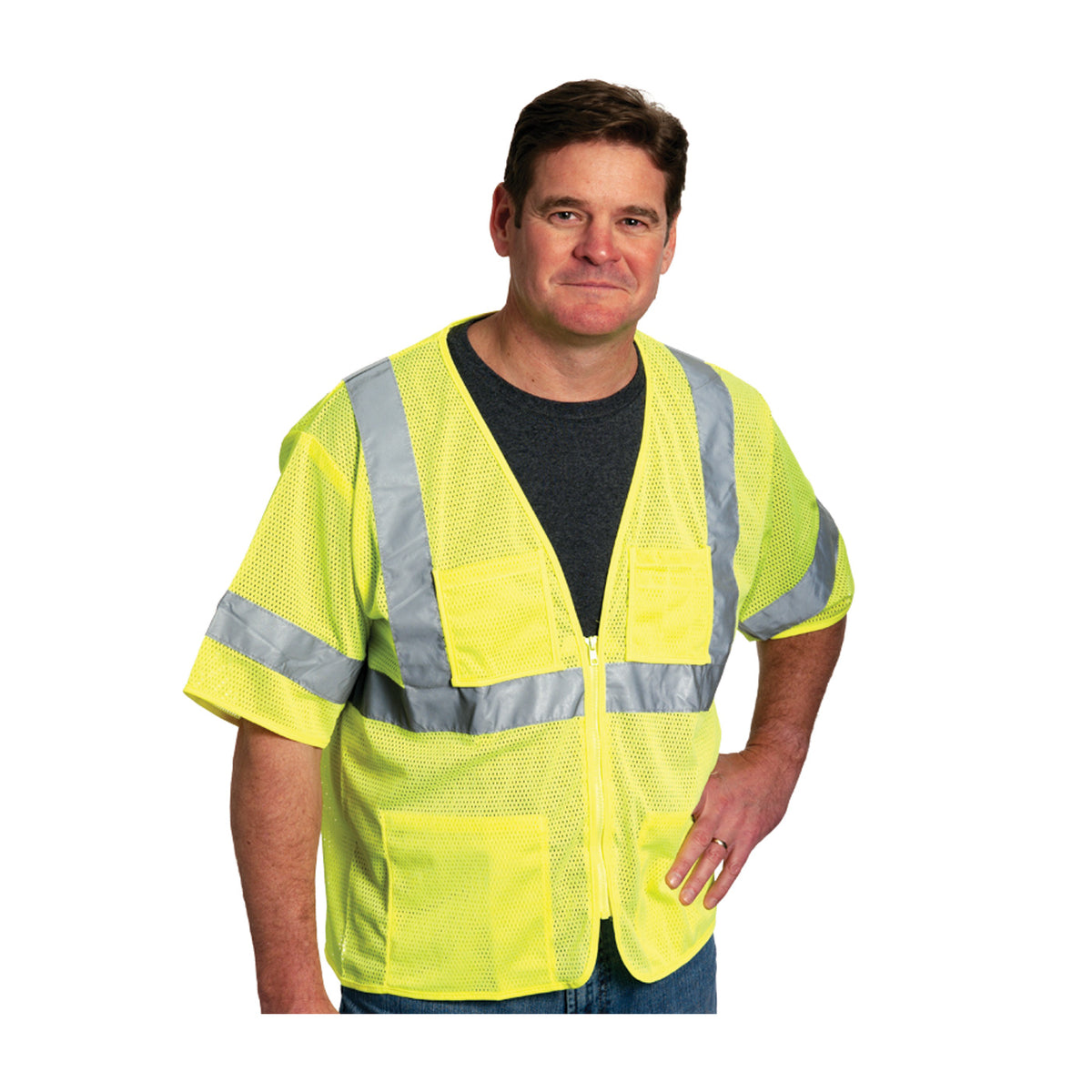 PIP 303-MVGZ4P Class 3 Value 4-Pocket Zipper Mesh Vest, Lime, front 2