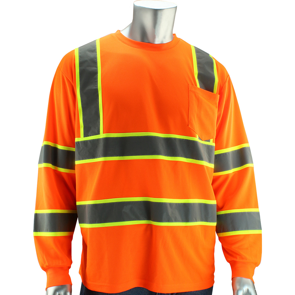 PIP 313-1345 Class 3 Two-Tone Long Sleeve T-Shirt, Orange, front