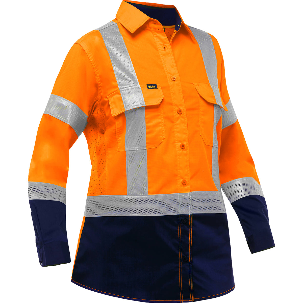 Bisley 313W6491H Class 2 Women's Long Sleeve Work Shirt, Orange/Navy, front