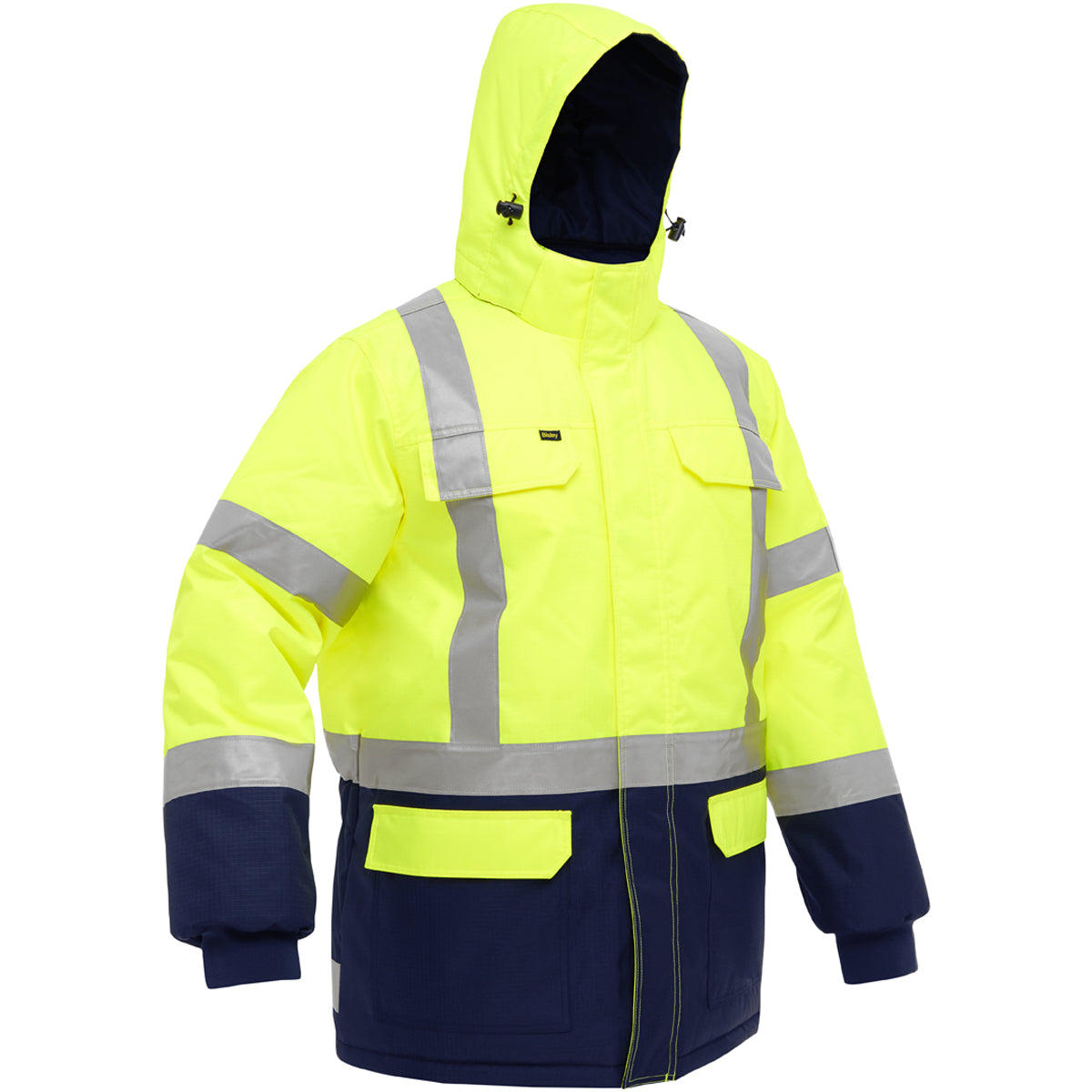 Bisley 343M6450X Class 3 Extreme Cold Jacket, Lime/Navy, front with hood