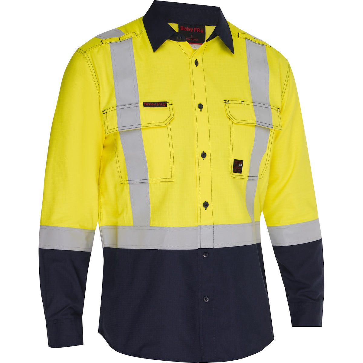 Bisley 385MFRHS AR/FR Men's Long Sleeve Button Down, Lime/Navy, front