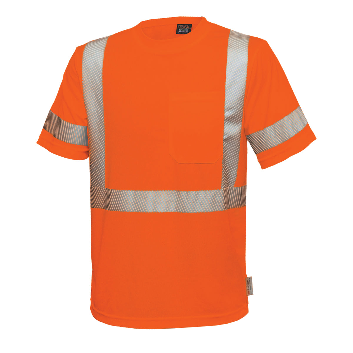 Reflective Apparel 104CT Short Sleeve T-Shirt with Segmented Tape, orange, 3/4 left