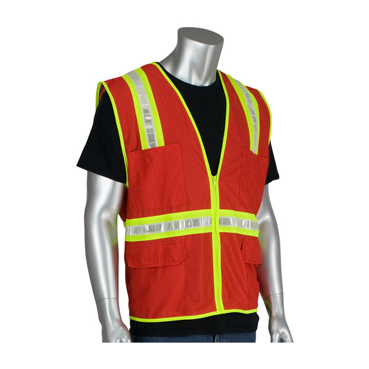 PIP 300-1000 Surveyor's Style Safety Vest with Solid Front/Mesh Back, red, front