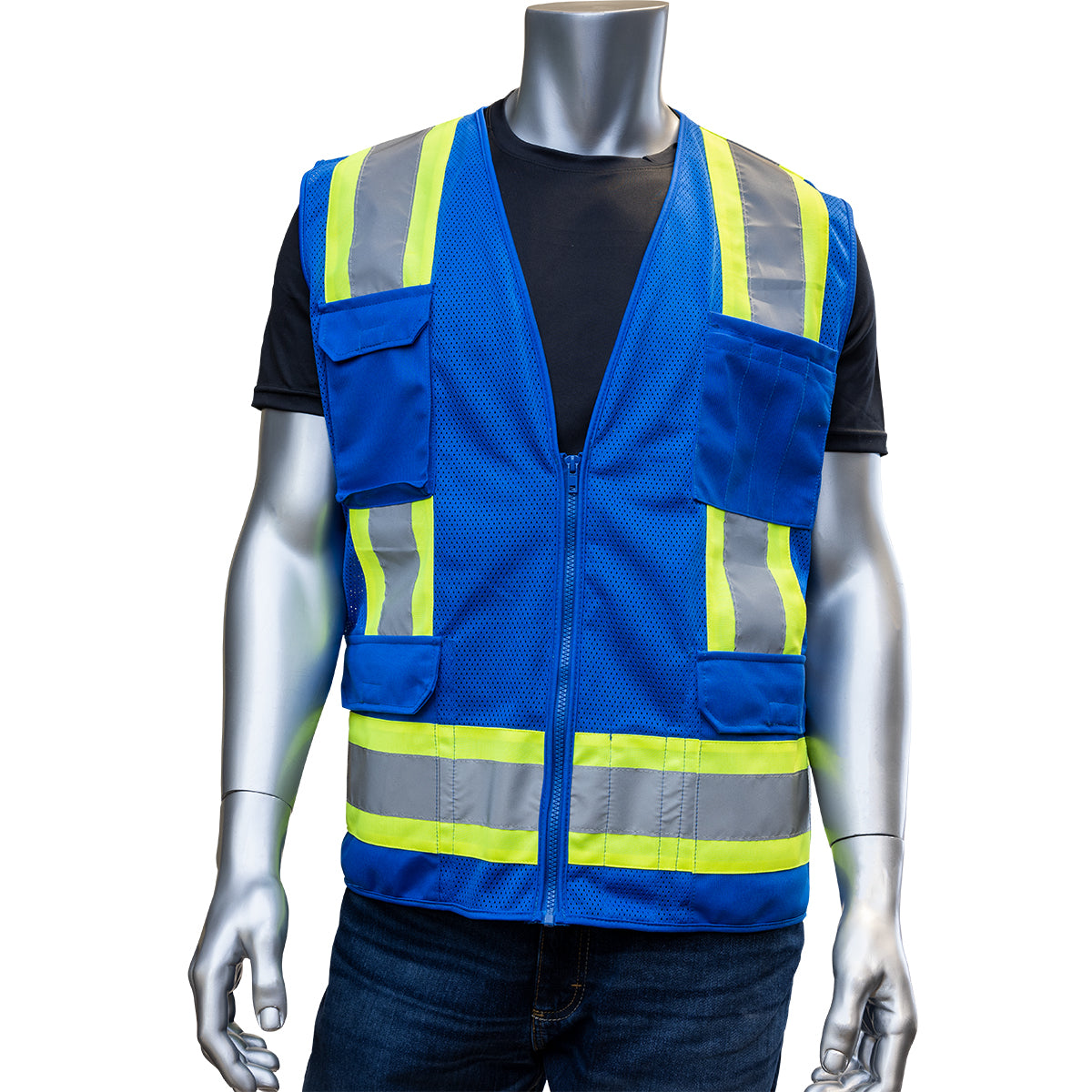 PIP 301-0500M Two-Tone Eleven Pocket Mesh Surveyors Vest, blue, detail