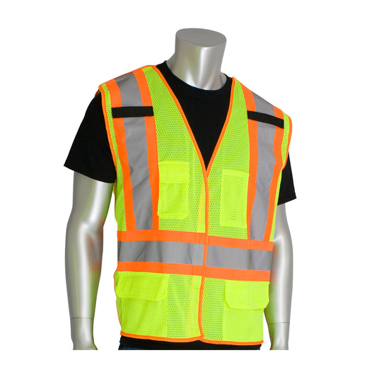 PIP 302-0211 and CAN/CSA Z96 Class 2 Two-Tone X-Back Breakaway Mesh Vest, lime, front