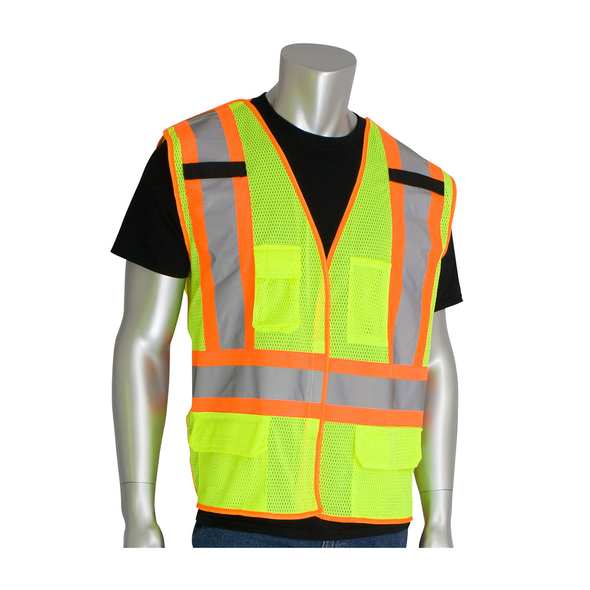 PIP 302-0212 Class 2 Two-Tone 5-Pocket Breakaway Vest, Lime, front