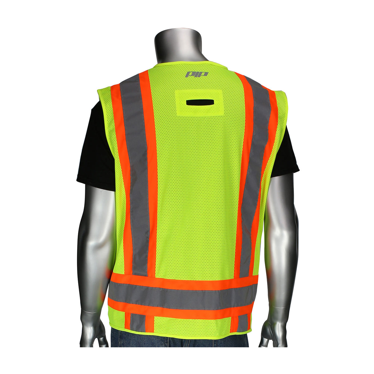 PIP 302-0500D Two-Tone Eleven Pocket Surveyors Vest with Solid Front/Mesh Back and "D" Ring Access, lime, back