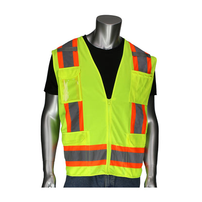 PIP 302-0500D Two-Tone Eleven Pocket Surveyors Vest with Solid Front/Mesh Back and "D" Ring Access, lime, front