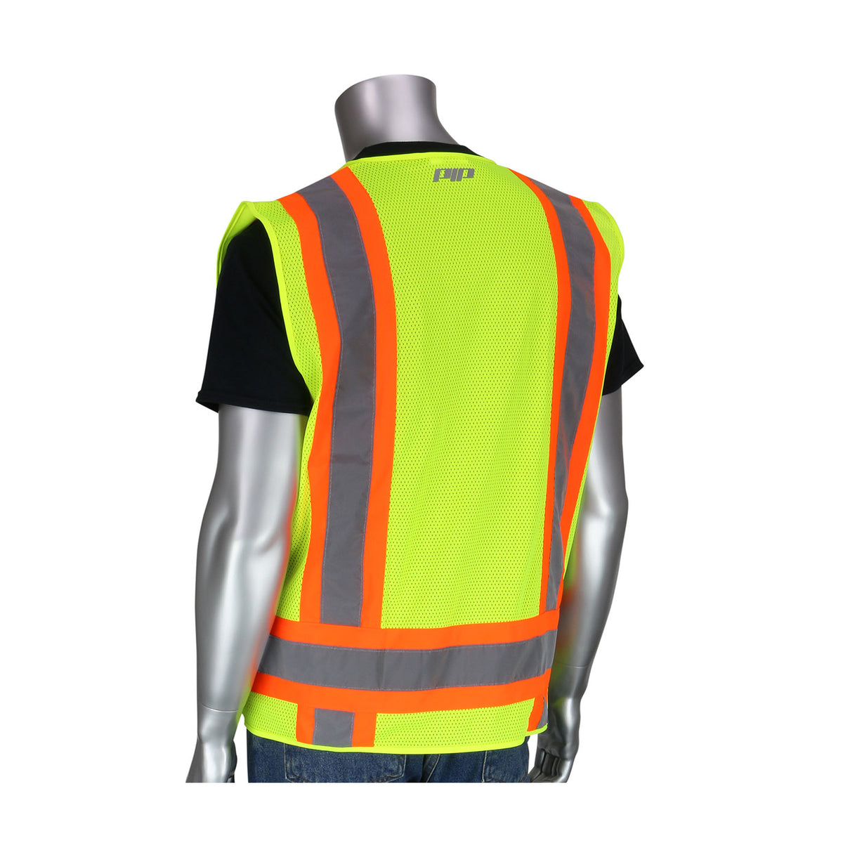 PIP 302-0500 Two-Tone Eleven Pocket Surveyors Vest with Solid Front/Mesh Back, lime, back