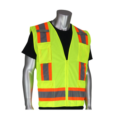 PIP 302-0500 Two-Tone Eleven Pocket Surveyors Vest with Solid Front/Mesh Back, lime, front