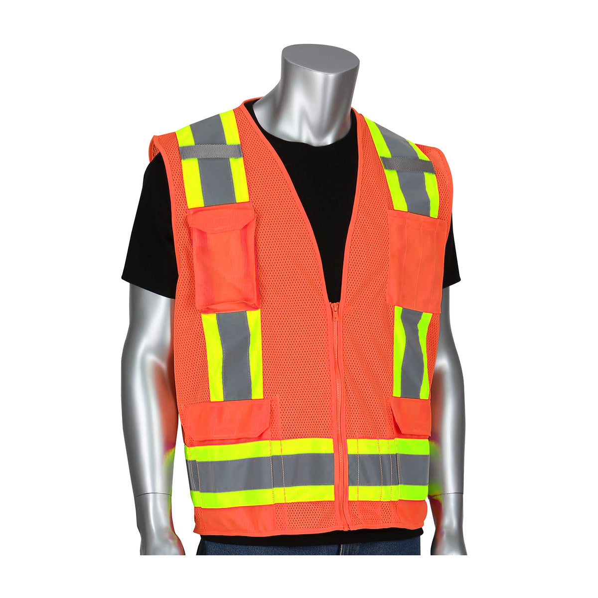 PIP 302-0500M Two-Tone Eleven Pocket Mesh Surveyors Vest, orange, front