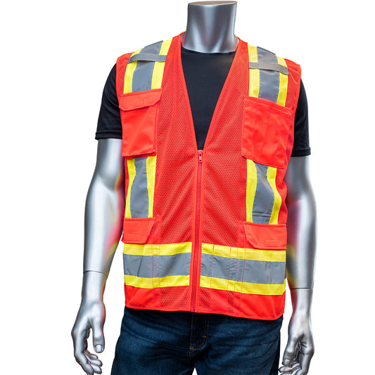 PIP 302-0500M Two-Tone Eleven Pocket Mesh Surveyors Vest, red, front