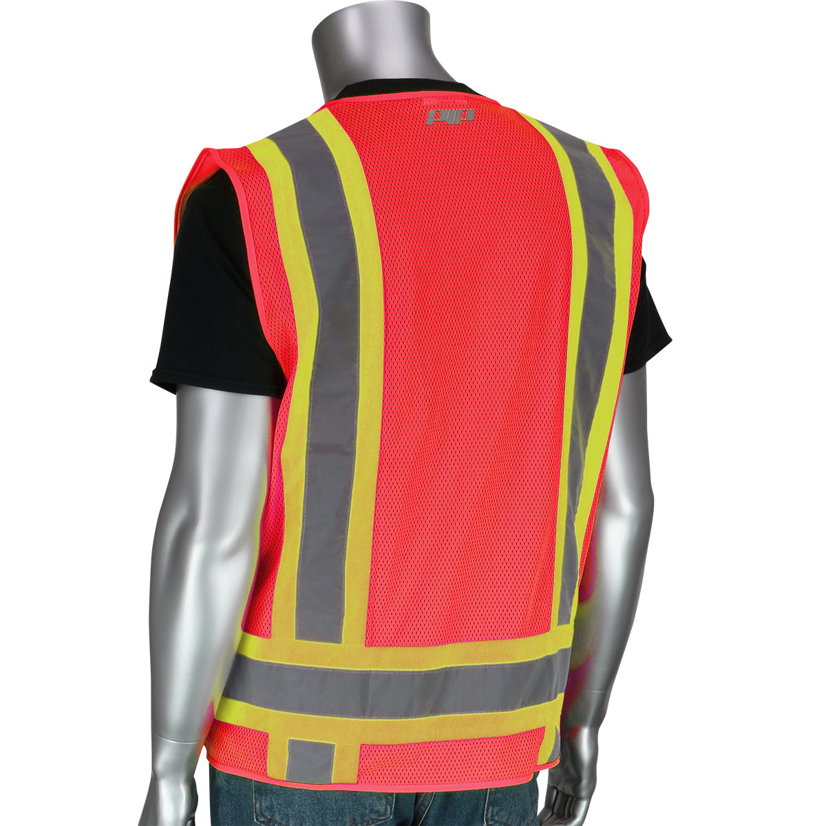PIP 302-0500M Two-Tone Eleven Pocket Mesh Surveyors Vest, red, back