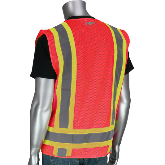 PIP 302-0500M Two-Tone Eleven Pocket Mesh Surveyors Vest, red, back