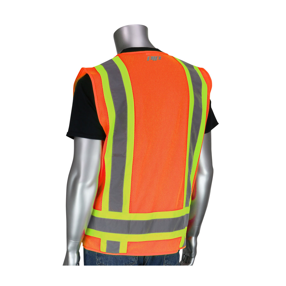 PIP 302-0500 Two-Tone Eleven Pocket Surveyors Vest with Solid Front/Mesh Back, orange, back