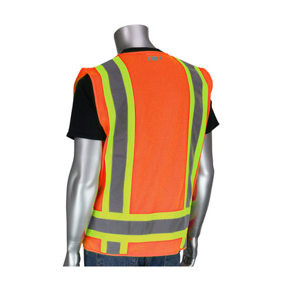 PIP 302-0500 Two-Tone Eleven Pocket Surveyors Vest with Solid Front/Mesh Back, orange, back