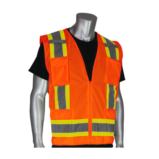 PIP 302-0500 Two-Tone Eleven Pocket Surveyors Vest with Solid Front/Mesh Back, orange, front