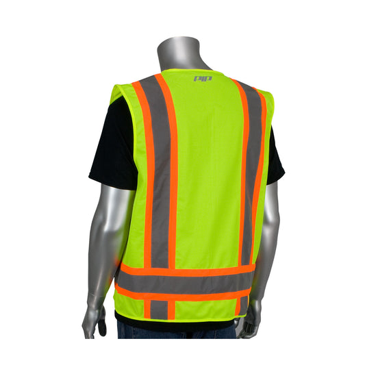 PIP 302-0500S Two-Tone Eleven Pocket Solid Tricot Surveyors Vest, lime, back