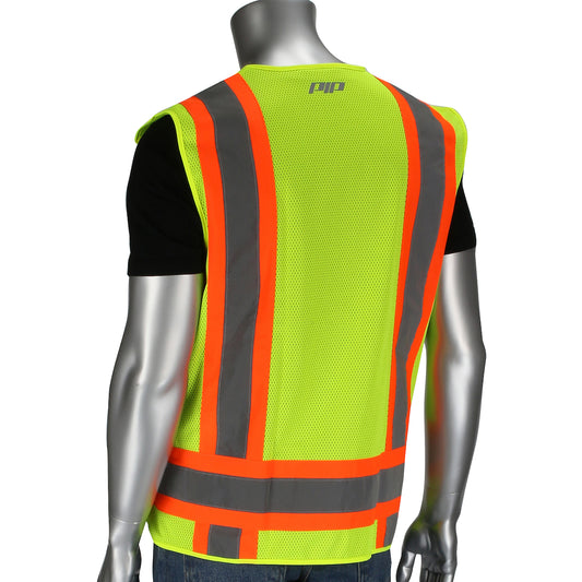 PIP 302-0505 Mesh Breakaway Eleven Pocket Surveyors Vest, lime, back