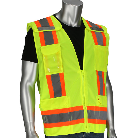 PIP 302-0505 Mesh Breakaway Eleven Pocket Surveyors Vest, lime, front