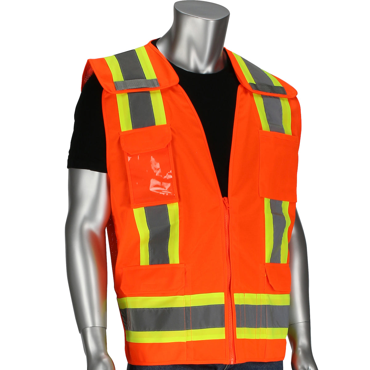 PIP 302-0505 Mesh Breakaway Eleven Pocket Surveyors Vest, orange, front