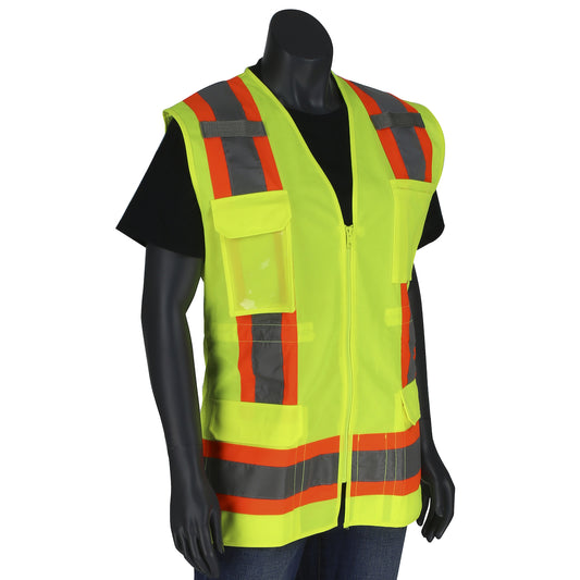 PIP 302-0512 Women's Contoured Two-Tone Eleven Pocket Surveyors Vest with Solid Front/Mesh Back, lime, front