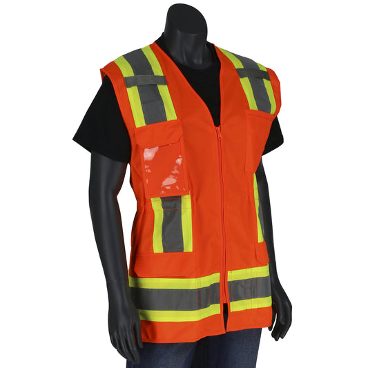 PIP 302-0512 Women's Contoured Two-Tone Eleven Pocket Surveyors Vest with Solid Front/Mesh Back, orange, front