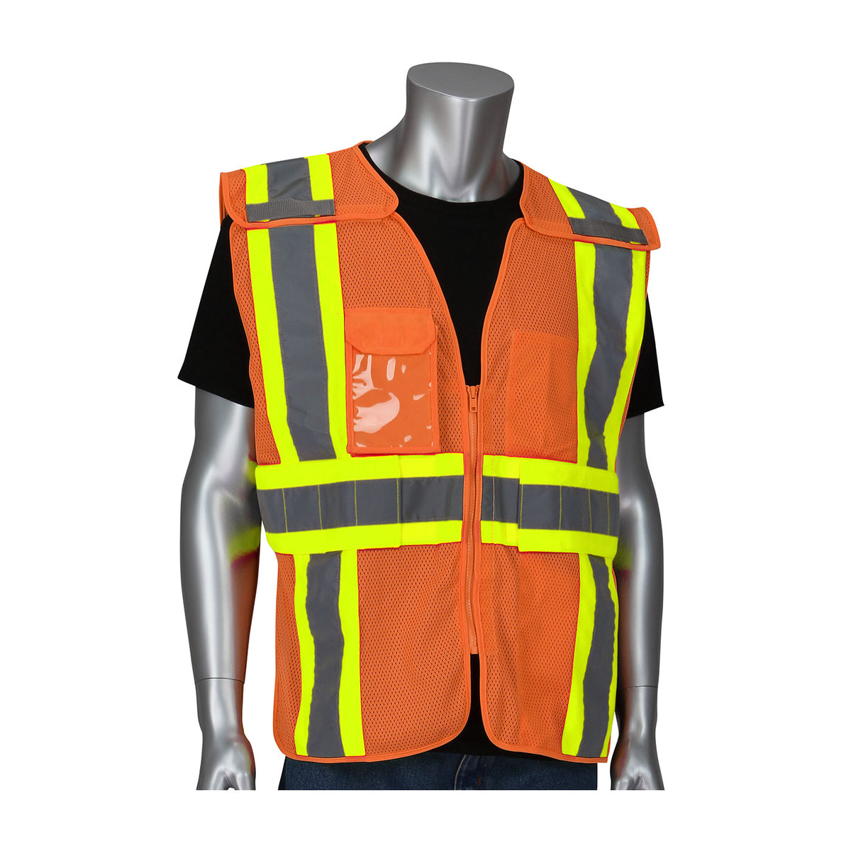 PIP 302-0590 Expandable Two-Tone Mesh Breakaway Vest, orange, front