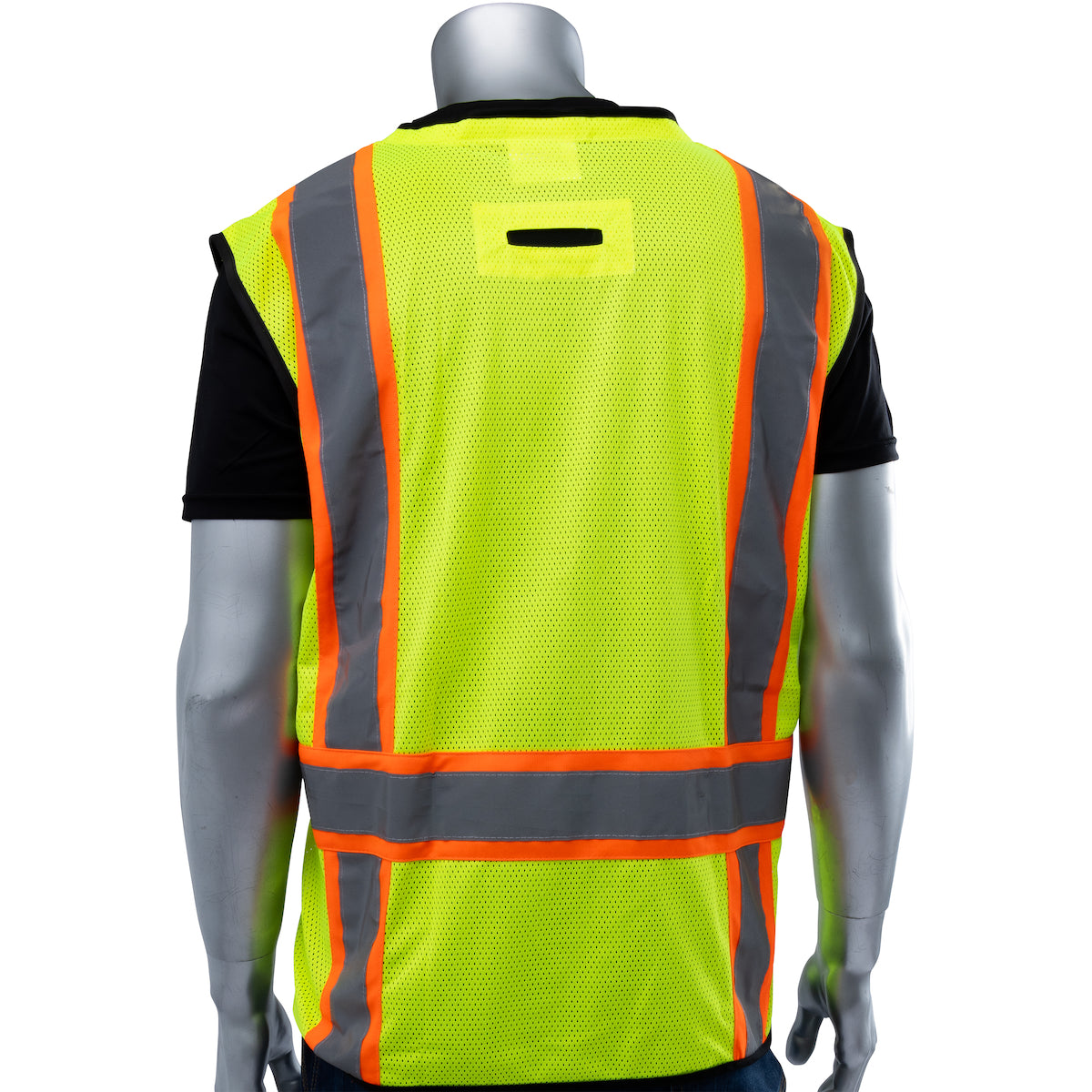 PIP 302-0650D Two-Tone Eleven Pocket Tech-Ready Mesh Surveyors Vest with Ripstop Black Bottom Front and "D" Ring Access, lime, back