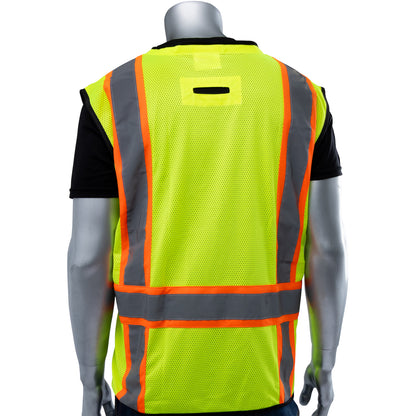 PIP 302-0650D Two-Tone Eleven Pocket Tech-Ready Mesh Surveyors Vest with Ripstop Black Bottom Front and "D" Ring Access, lime, back