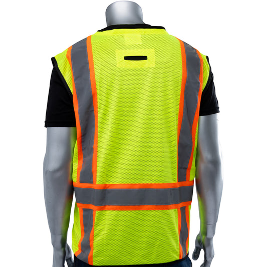 PIP 302-0650D Two-Tone Eleven Pocket Tech-Ready Mesh Surveyors Vest with Ripstop Black Bottom Front and "D" Ring Access, lime, back