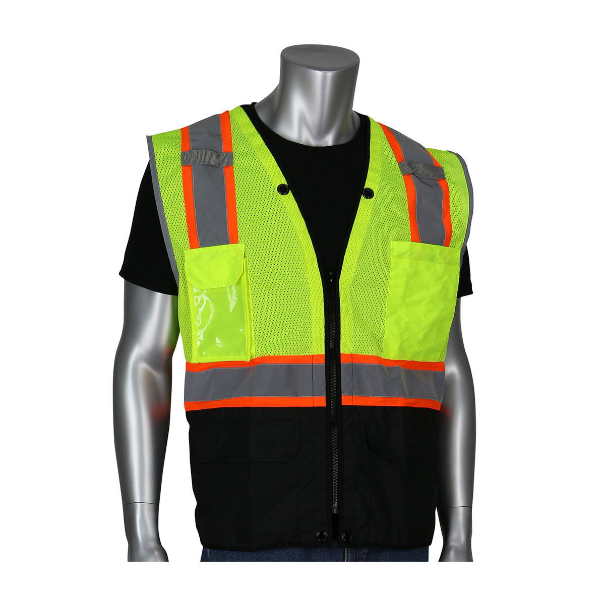 PIP 302-0650D Two-Tone Eleven Pocket Tech-Ready Mesh Surveyors Vest with Ripstop Black Bottom Front and "D" Ring Access, lime, front