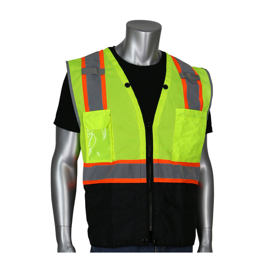 PIP 302-0650D Two-Tone Eleven Pocket Tech-Ready Mesh Surveyors Vest with Ripstop Black Bottom Front and "D" Ring Access, lime, front