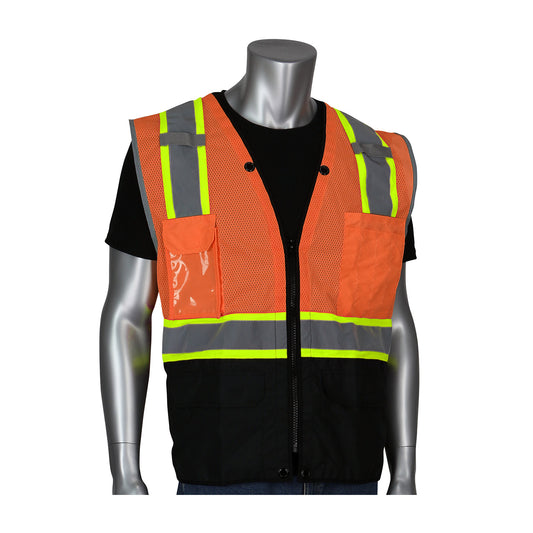 PIP 302-0650D Two-Tone Eleven Pocket Tech-Ready Mesh Surveyors Vest with Ripstop Black Bottom Front and "D" Ring Access, orange, front