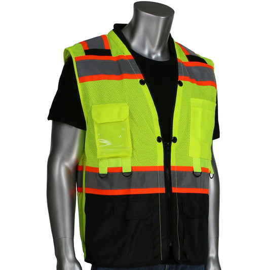 PIP 302-0670T Two-Tone Twelve Pocket Tethering Vest with Ripstop Black Bottom Front and "D" Ring Access, lime, front