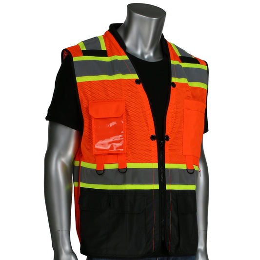 PIP 302-0670T Two-Tone Twelve Pocket Tethering Vest with Ripstop Black Bottom Front and "D" Ring Access, orange, front