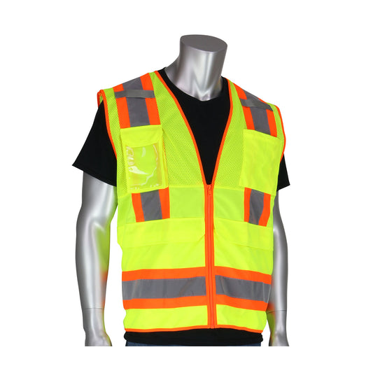 PIP 302-0700 Two-Tone Ten Pocket Surveyors Tech Vest, lime, front