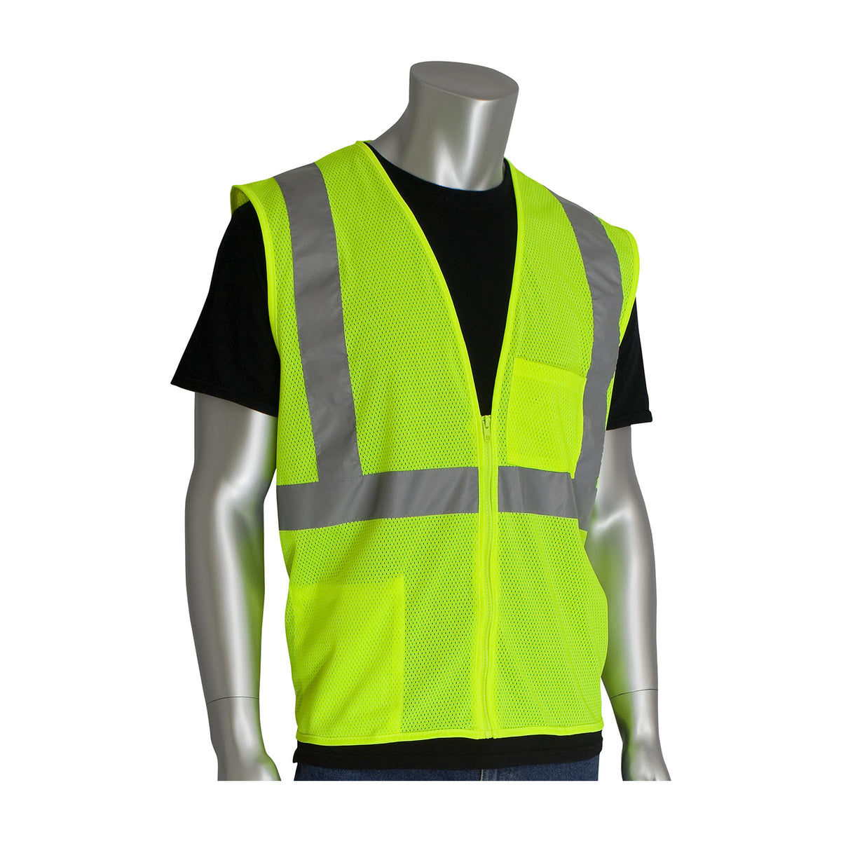 PIP 302-0702Z Class 2 2-Pocket Zipper Mesh Vest, Lime, front