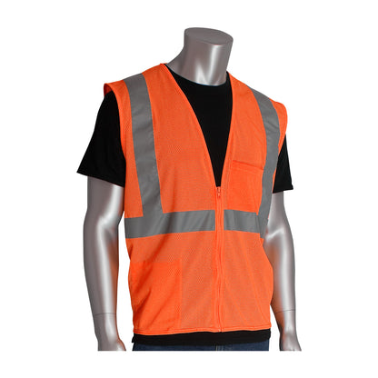 PIP 302-0702Z Class 2 2-Pocket Zipper Mesh Vest, Orange, front