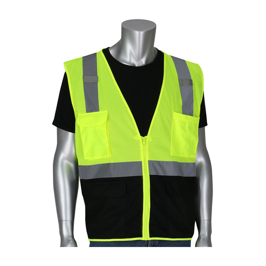 PIP 302-0710B Five Pocket Value Mesh Vest with Black Bottom Front, lime, front