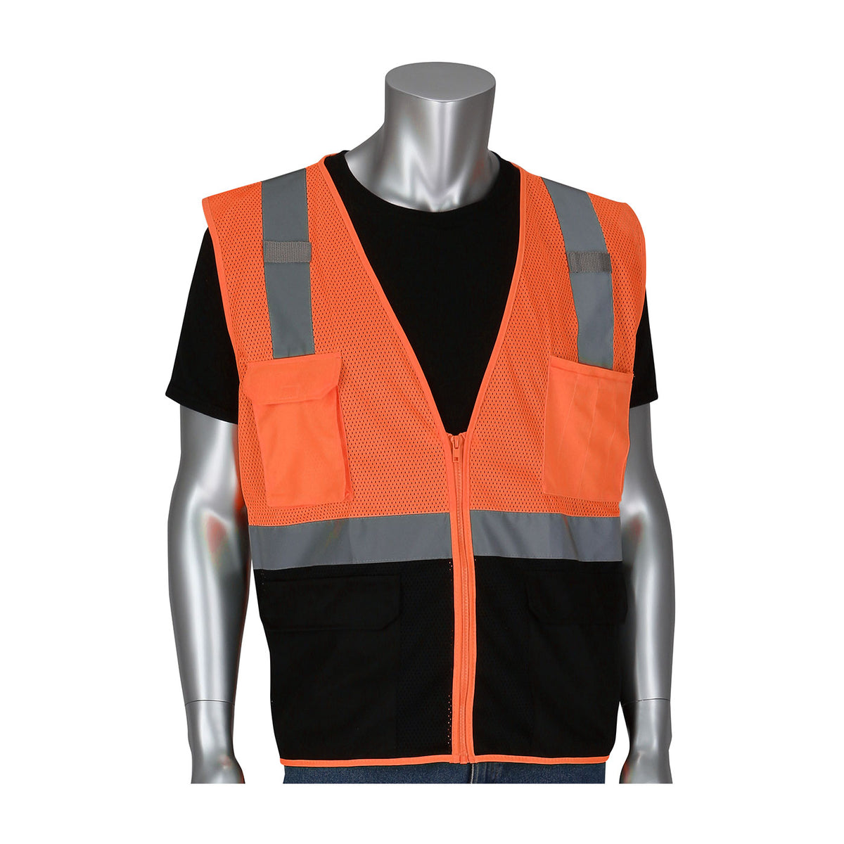 PIP 302-0710B Five Pocket Value Mesh Vest with Black Bottom Front, orange, front