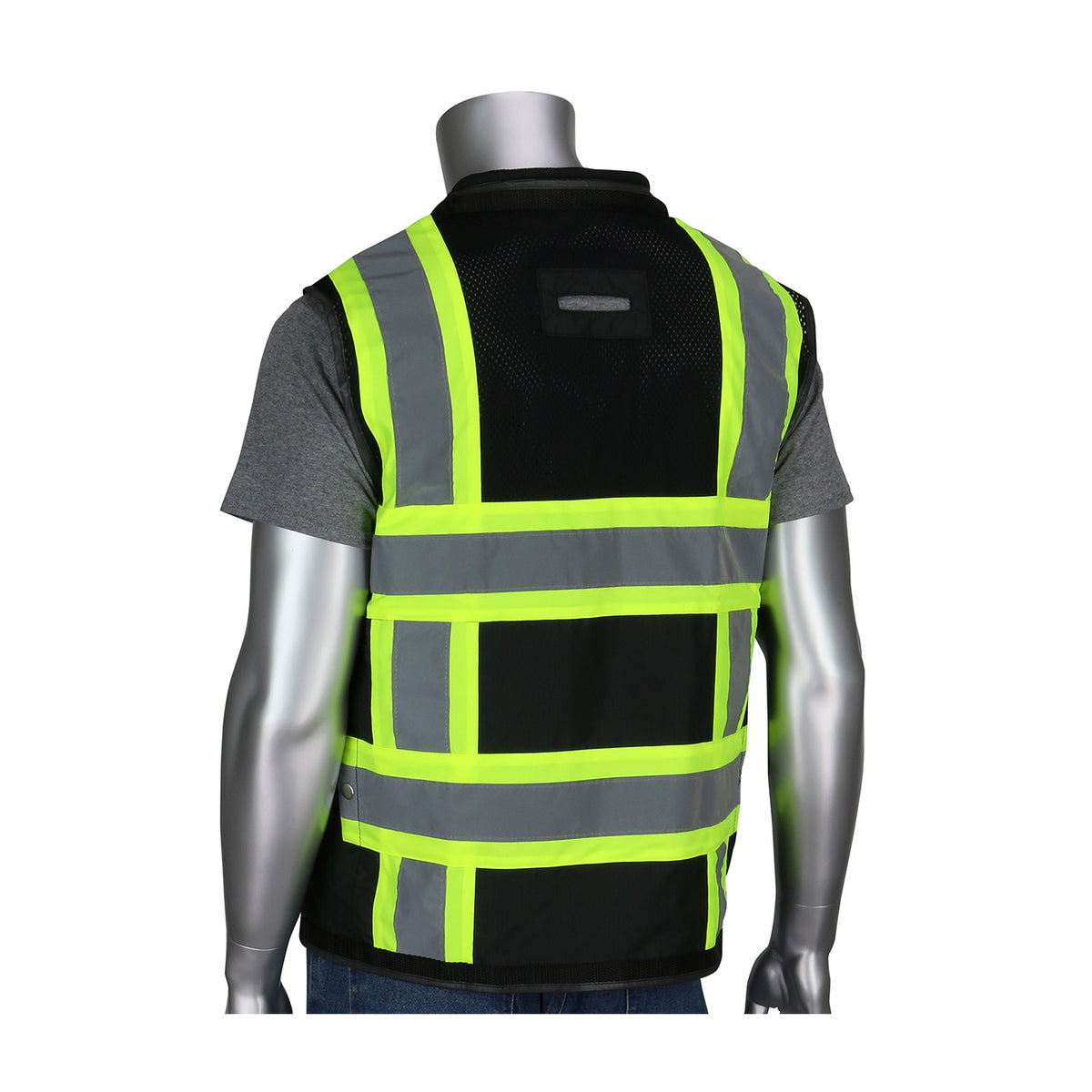 PIP 302-0800D-BK Class 1 Black 11-Pocket Surveyors Vest, Black, back