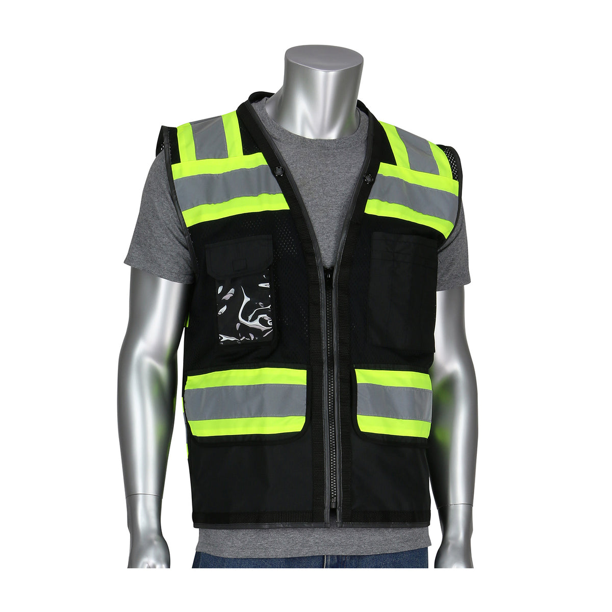 PIP 302-0800D-BK Class 1 Black 11-Pocket Surveyors Vest, Black, front